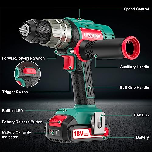 Cordless Hammer Drill Driver 18V, HYCHIKA 400 In-lbs Torque Power Drill with Auxiliary Handle, 1/2” Metal Chuck, 2.0Ah Battery, 1H Fast Charger, 21+3 Clutch, LED Light for Drilling Wood Metal Wall HYCHIKA BETTER TOOLS FOR BETTER LIFE