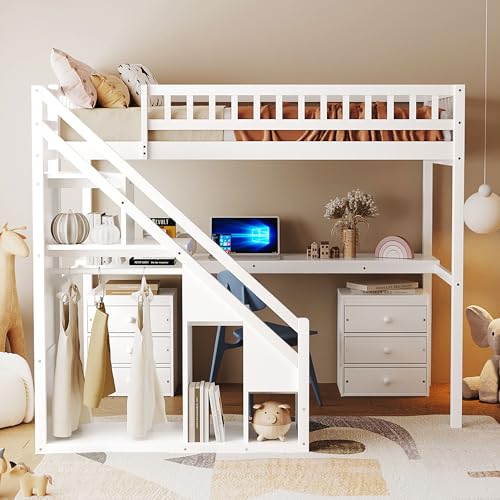 Merax Twin Size Wood Loft Bed with Desk, Stairs & Storage, Space Saving Bed with Lights, 2 Drawers, Guardrails, 220LBS Capacity, White Merax