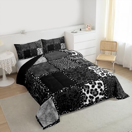 Erosebridal Grey Leopard Print Full Size Comforter Sets for Kids Boys Girls,Animal Skin Texture Bedding Set,Patchwork Geometric Duvet Insert,Farmhouse Quilt Bedroom Decor Erosebridal