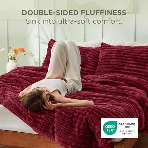 Bedsure Full Size Comforter Sets - GentleSoft™ 3 Pieces Double-Side Fleece Fluffy Dark Red Comforter Set, Cozy Striped Room Decor Aesthetic, Luxury Full Size Bedding, 2 Pillowcases, 82x86 Inches Bedsure