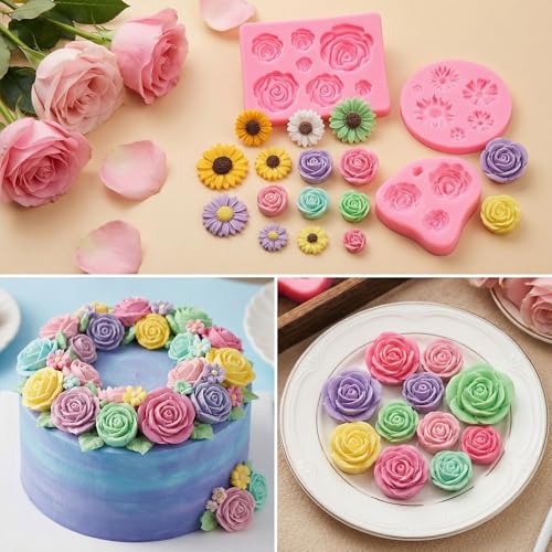 3 PCS Flower Molds Silicone 3D Cute Flower Candle Molds Silicone Fondant Chocolate Cake Decorating Mold Rose & Daisy Flowers Silicon Mold for Wedding Cake Decorating Tools Home Décor Handmade Gift