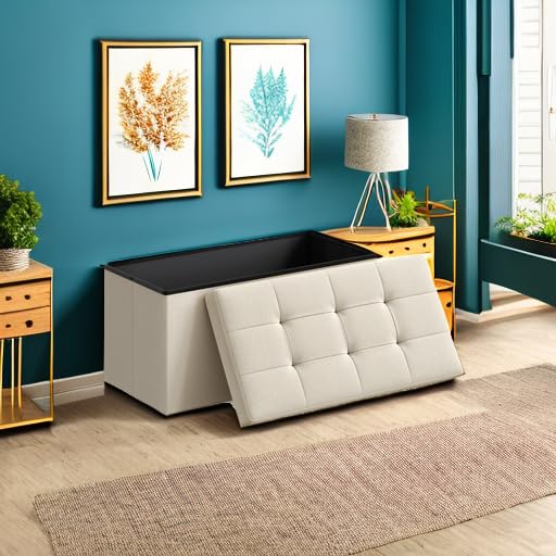 SONGMICS Mazie Collection - 30 Inches Folding Storage Ottoman Bench, Ottoman Foot Rest, End of Bed Bench, Storage Chest, Load 660 lb, for Living Room, Bedroom, Entryway, Cream White ULSF47BE SONGMICS