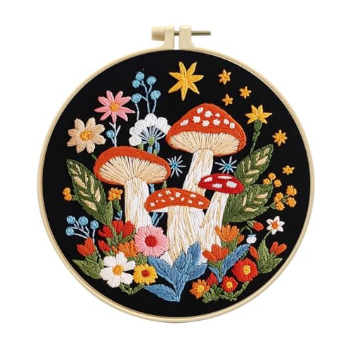 Zhenqing Enchanted Mushroom Garden Embroidery Kit for Beginners - Complete Set with 29x29cm Black Cotton Fabric, Hoop, Thread & Tools(C0138)