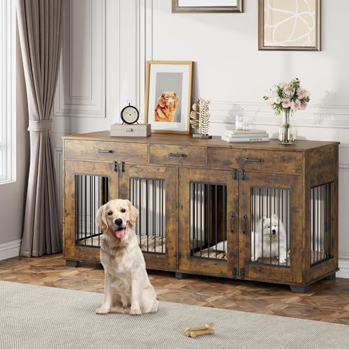 Dog Crate Furniture for 2 Dogs, 71'' XXL Indoor Dog Kennel with 3 Drawers and Removable Room Divider, Wooden Double Dog CrateTV Stand End Table with Double Doors for Large Medium Dogs, Brown GAOMON