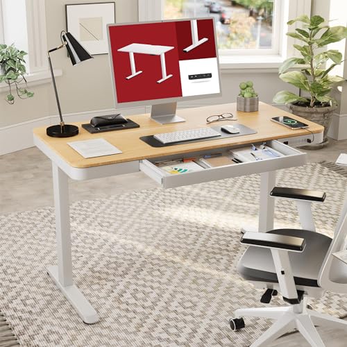 Standing Desk with Drawer, Electric Height Adjustable Home Office Desk with Storage & USB Ports, 55 inch Maple Wood Tabletop/White Frame SANODESK