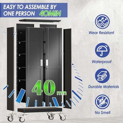 AUEYTVR 71" Tall Metal Garage Storage Cabinet with Wheels and Locking Doors and Tall Rolling Steel Tool Cabinet with 4 Adjustable Shelves for Garage,Home,Office,Shop (Black) AUEYTVR