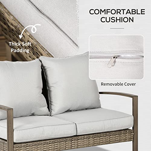 Outsunny 4 Piece Wicker Patio Furniture Set with 2 Rocking Chairs, Loveseat Sofa, Outdoor PE Rattan Conversation Set with Cushions, Aluminum Table for Porch, Poolside, Light Gray Outsunny