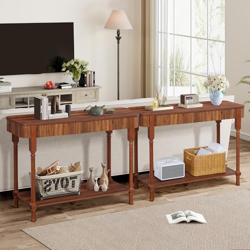 MAHYIZYI Fluted Console Table for Entryway, 43.3'' Narrow Entryway Tables with 2 Wooden Drawers, Retro Sofa Table Behind Couch Accent Tables for Foyer, Living Room, Hallway (Walnut) MAHYIZYI