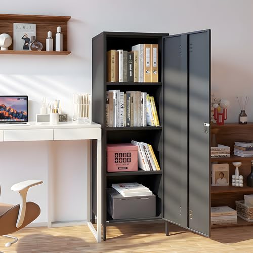 Epochsteele Metal Storage Cabinet Kitchen Pantry Cabinet for Bathroom Locking Storage Cabinet with Door and Removable Shelves (Black) Epochsteele