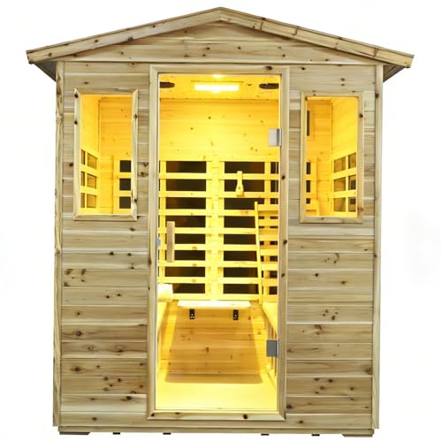 Kanlanth Outdoor Infrared Sauna with Red Light Therapy, 4 Person 2050watt Canadian Hemlock Wood Personal Sauna Room for Indoor Home, with Blue-Tooth, 4 Chromo Therapy Lighting, Control, Cup Holder Kanlanth