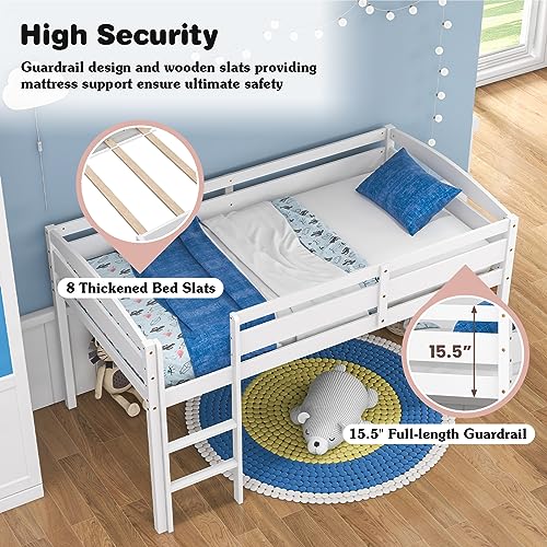 Giantex Twin Loft Bed with Ladder, Wood Low Profile Loft Bed with 30" Clearance & Safety Guard Rails, Space-Saving Loft Bed Frame for Kids Teens Junior, No Box Spring Needed, Kids Bed Frame, White Giantex