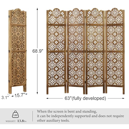 68.9Inch Folding Room Divider, 4 Panels Wood Carved Privacy Screens - Ideal Decorative Partition for Home, Office, Restaurant, Bedroom (Dark Brown) Svimi