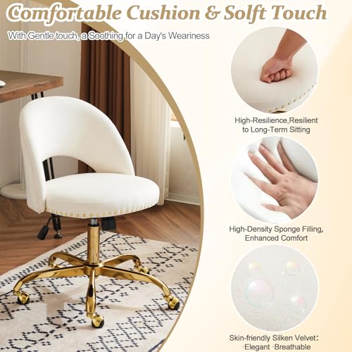 VINGLI Modern Velvet Small Office Chair,Cute Desk Chair with Wheels,Gold Base/Studs, Comfy Armless Swivel Vanity Task Chair for Women/Girl/Kids, Nail Tech Chair for Bedroom,Small Space,White VINGLI