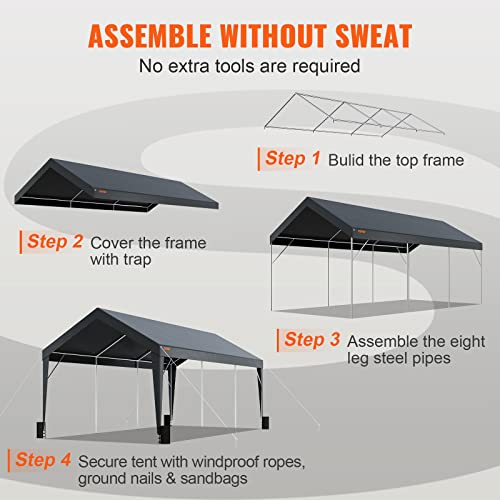 VEVOR Carport Car Canopy 10x20ft, Upgraded Heavy Duty Car Port Garage Boat Shelter Party Tent with 8 Reinforced Poles and 4 Weight Bags, UV Resistant Waterproof Tarp for SUV, Truck, Boat VEVOR