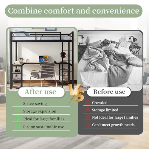 Sailret Full Metal Loft Bed with L-Shaped Desk and Shelves, Full Bed Frame with Ladder and Full-Length Guardrails, Space-Saving Bed for Bedroom, Black with Vintage Wood Desk Sailret