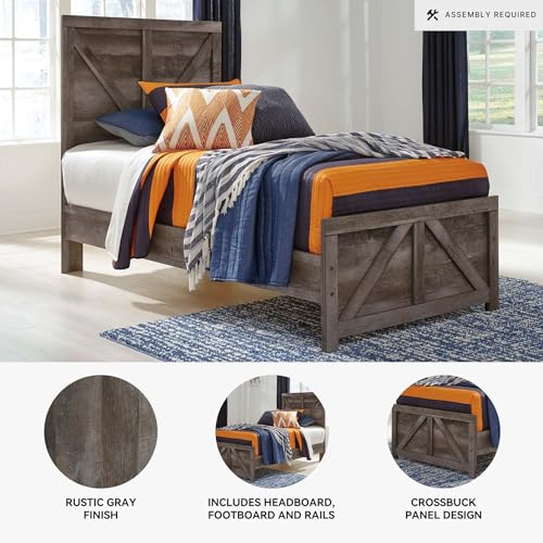 Signature Design by Ashley Wynnlow Rustic Twin Crossbuck Panel Bed with Metal Slats, Foundation or Box Spring Needed, Gray Signature Design by Ashley