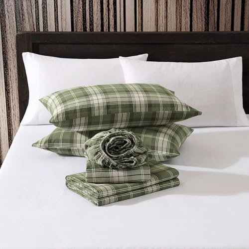 Eddie Bauer - Full Bed Sheets, Cotton Flannel Bedding Set with Matching Pillowcases, Brushed for Extra Softness, Deep Pocket, Oeko-Tex Certified (Heartland Plaid Green) Eddie Bauer