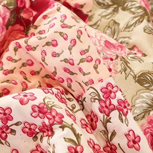 Cmfshape Summer Floral Queen Quilted Bedspread,Romantic Pink Quilt Set Full,Reversible Stitched Bedding Set All Season,Soft Lightweight Coverlet with Pillow Cases (Hot Pink&Rose, Queen90 x90) Cmfshape