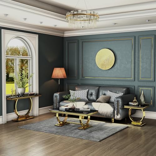 Asday Gold Console Table, 50 inch Glam Black and Gold Entryway Table with U-Shaped Base, Polished Gold Entrance Table with Black Top for Entryway, Hallway, Foyer Asday