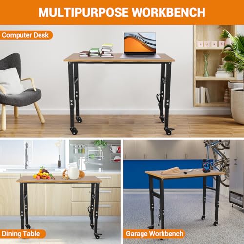 48" Adjustable Workbench with Power Outlet & Wheels, Heavy-Duty 48 x 24 in Work Bench, 2500 lbs Load Capacity for Garage, Workshop & Home EliteEdge