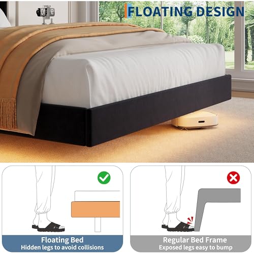 IDEALHOUSE Queen Size Bed Frame with LED Lights, Floating Platform Bed with Velvet Upholstered Storage Headboard, No Box Spring Needed, Noise Free, Easy Assembly IDEALHOUSE