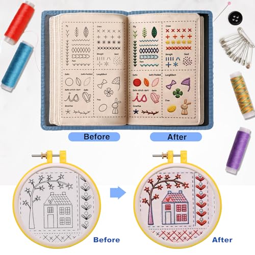 100 PCS Complete Embroidery Stitch Book Kit with Includes Step-by-Step Instructions, Hoops, Threads, Needles & Fabric, All-in-One Portable Starter Set for Adult Beginners & DIY Craft Enthusiasts
