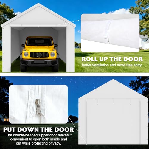 10x20FT Carport Canopy Front/Back Panel Entrance Door Tarp with Zippers, Waterproof & UV Protected Replacement Sidewall Cover with Ball Bungees (White) Voxary