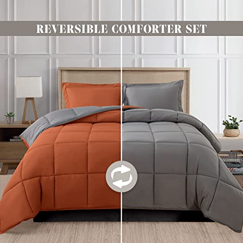 Elegant Comfort 3-Piece Reversible Comforter Set, All Season Cozy, Soft Down Alternative, Quilted - Box Stitched - Duvet Insert with 4 Corner Tabs, Comforter with Shams, Twin, Coral/Gray Elegant Comfort
