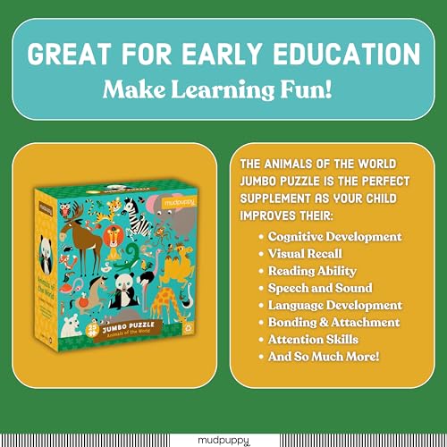 Mudpuppy Animals Of The World - Jumbo 25 Piece Jigsaw Floor Puzzle Featuring Lions, Elephants, and More! Mudpuppy