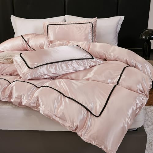 Herside Pink Mocha Satin Comforter Set 7 Pcs Full Size Bed in a Bag Luxury Satin Bedding Set with Comforter Pillowcases and Sheets Sets Mini Pompoms Design Super Soft Silky Bed Set for All Seasons Herside