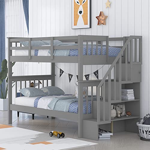 Harper & Bright Designs Twin Over Twin Bunk Bed with Storage Staircase, Wood Bunk Bed with Full-Length Fence Kids, Teens & Adults, Convertible Bunk Beds, Gray Harper & Bright Designs