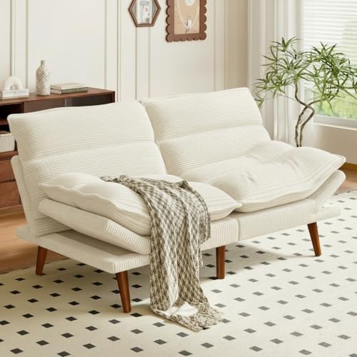 Amada Convertible Futon Sofa Bed - Corduroy Loveseat with Adjustable Backrest & Armrests, Thickened Seat Cushion, Small Space Sleeper Couch for Apartment, Study Room & Office(Off-White,66 Inch ) AMADA HOMEFURNISHING
