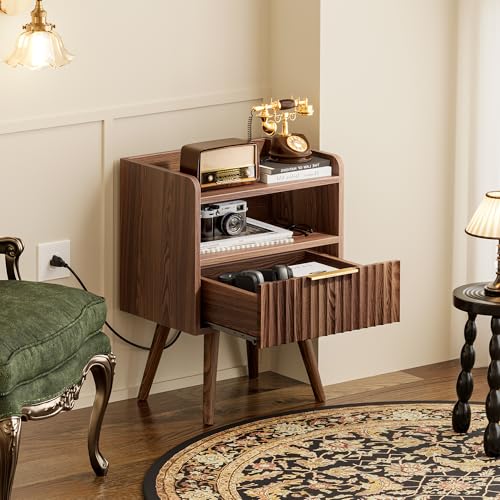 Huuger Nightstand with Charging Station, USB-C Port, Fluted Night Stand Set of 2, Bed Side Table with Drawer, Solid Wood Feet, Open Storage, End Table with Raised Edge, for Bedroom, Walnut Huuger