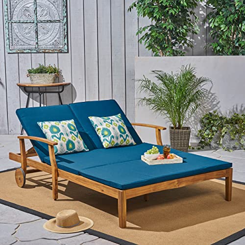 XD Designs Outdoor Double Chaise Lounge Chairs, All Weather Acacia Wood Frame Patio Reclining Daybed Sunbed with Cushions and Adjustable Backrest for 2 People XD Designs