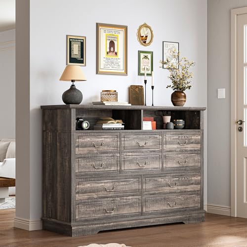 EnHomee 55.2''Wide Dresser for Bedroom Wood Dresser with LED & Power Outlet Vintage 10 Drawer Dressers & Chests of Drawers Long Dresser TV Stand, Closet,Hallway, Dark Rustic Oak EnHomee