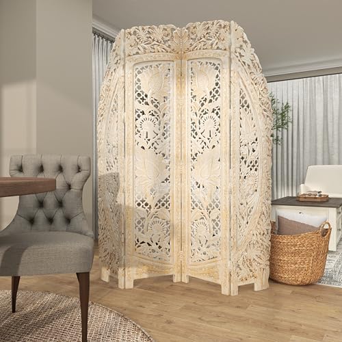 Deco 79 Wood Floral Handmade Foldable Arched Partition 4 Panel Privacy Screen with Intricately Carved Designs, Room Divider 60" x 2" x 72", White Deco 79