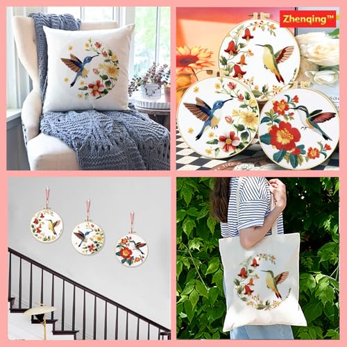 Zhenqing 3-Piece Hummingbird Embroidery Kit for Beginners - Complete Set with Pre-Printed 29x29cm Cotton Fabric, Hoop, Threads & Tools (C0168)