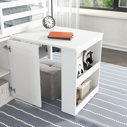 VilroCaz Twin Size Low Loft Bed with Pulling-Out Desk and Storage Cabinets, Multiple Functions Wooden Loft Bed Frame with Storage Shelves and Drawers for Kids Teens Boys Girls (White-1.16) VilroCaz