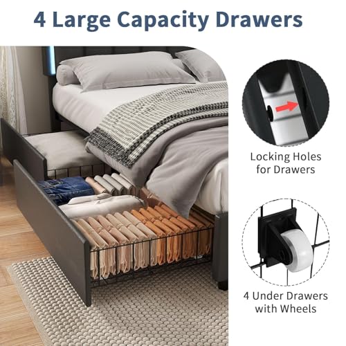 IMMERSTABLE King Size Bed Frame with 4 Storage Drawers, Upholstered Bed Frames with Headboard, RGB LED Lights, Heavy Duty Metal and Wood Slat Support, No Box Spring Needed, Easy Assembly, Black IMMERSTABLE