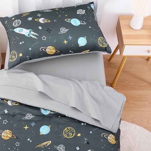 Wake In Cloud - Toddler Bedding Set for Boys, Space Rocket Planet Star, 4 Pieces Soft Crib Bed Set Including Comforter, Sheets and Pillowcase, Gray Wake In Cloud