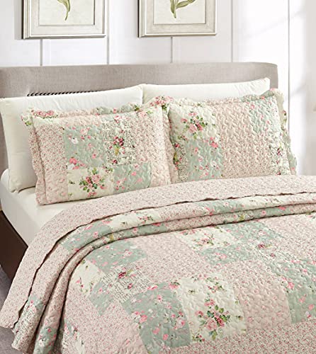 Brilliant Sunshine Rose and Sage Quilt Set, 3-Piece Bedding Sets, Traditional Patchwork Design, Washable and Reversible Bedspread, Soft Lightweight Coverlet, All-Season, Full/Queen, Light Pink Green Brilliant Sunshine