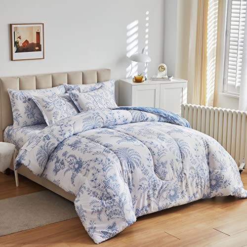 Flysheep Botanical Bed in a Bag Queen Size 7 Pieces, Reversible Blue and White Flower Printed Comforter Bedding Set (1 Comforter, 1 Flat Sheet, 1 Fitted Sheet, 2 Pillow Shams and 2 Pillowcases) Flysheep