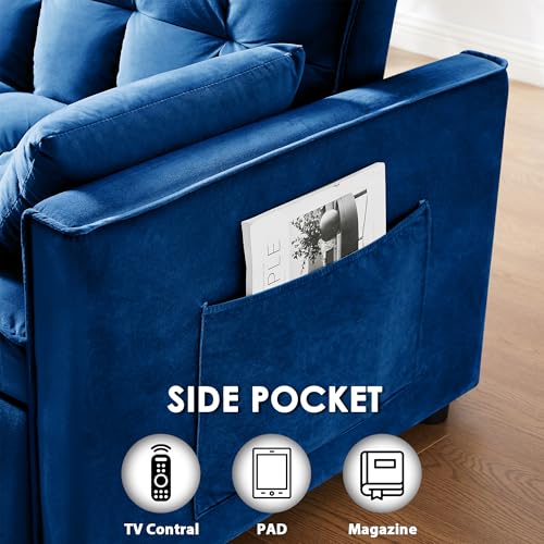 tiramisubest Sleeper Sofa Bed,55'' Convertible Pull Out Couch with Side Pockets,Velvet Fabric Loveseat Sleeper Sofa with Adjustable Backrest for Living Room,Apartment(Blue) tiramisubest