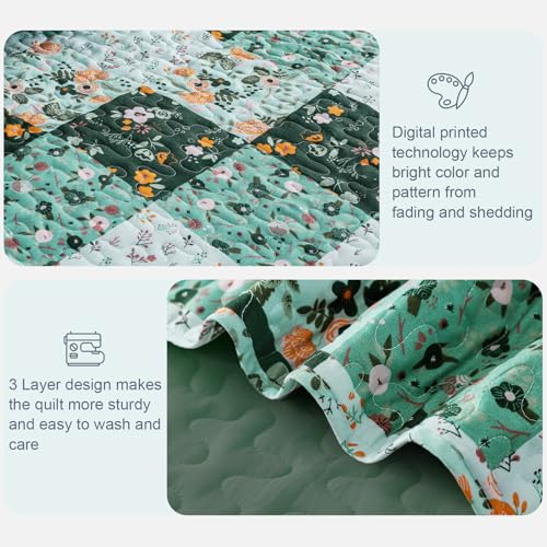 Exclusivo Mezcla Reversible Boho Quilts Twin Size, Green Bedspreads Lightweight Coverlet All Season Patchwork Quilt Bedding Set with Printed Floral Pattern (1 Quilt, 1 Pillow Sham) Exclusivo Mezcla
