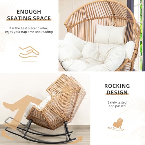 Vongrasig Wicker Egg Chair PE Rattan Rocking Chair with Cushion, Oversized Patio Lounge Rocker Chair for Outdoor, Indoor, Balcony, Backyard, Garden, Beige Vongrasig