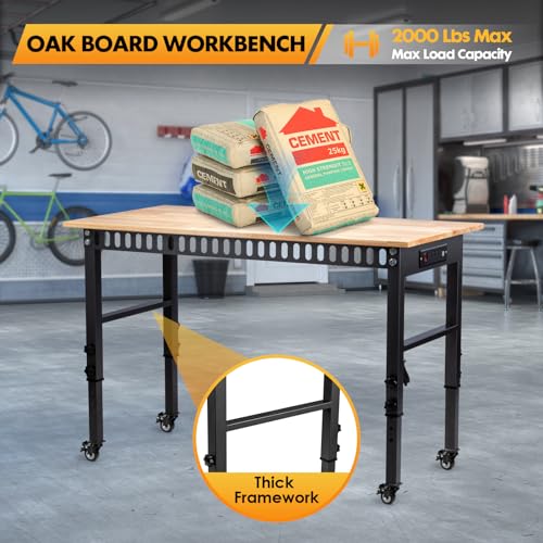 GVGBUK 48" Height Adjustable Workbench, 2000 LBS Load Capacity Rubber Wood Top Workstation, Heavy-Duty Hardwood Worktable for Garage Workshop (with Wheels and Socket,48'') GVGBUK
