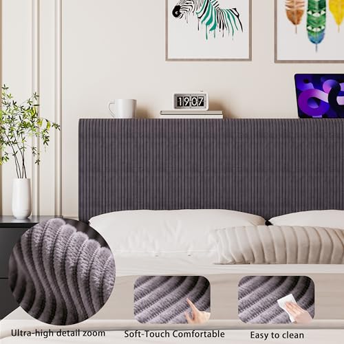 HOMERECOMMEND Floating Full Size Bed Frame,Full Bed Frame with Storage Headboard with Charging Station,Corduroy Upholstered Platform Bed with Smart LED Lights,No Box Spring Needed,Black+Dark Grey HOMERECOMMEND