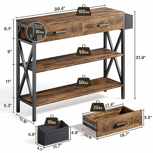 Gizoon 39" Rustic Brown Industrial Console Table with 2 Drawers and 3-Tier Storage Shelves Gizoon