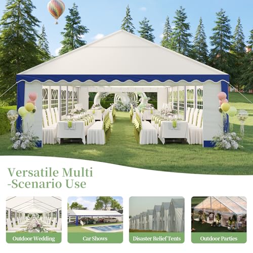 LUXOAK 20 x 40 FT Extra Large Outdoor Event Shelter, Wedding Party Tent with Sidewall Windows & 2 Side Doors, Heavy Duty Canopy Gazebo Tent for Garden Patio Carport, White with Blue Stripes LUXOAK