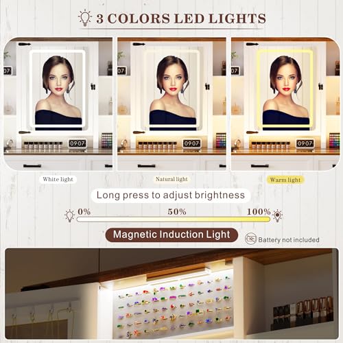 GlasFlength Farmhouse Makeup Desk with Mirror & Light 40'' Glass Tabletop Table with 2 Drawers & Hidden Jewelry Cabinet Rustic Big Vanity Charging Station Set Stool Included Bedroom, Vintage White GlasFlength